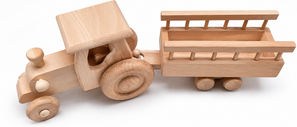 HOUTEN blanke speelgoed tractor met aanhanger XL 41 cm
