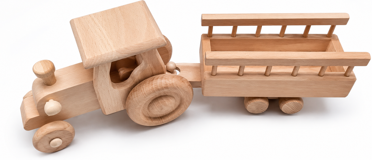 HOUTEN blanke speelgoed tractor met aanhanger XL 41 cm