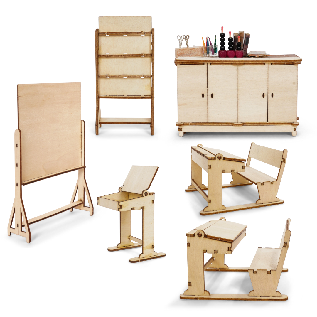 Kinderen doe-het-zelf meubelset voor poppenhuis - klaslokaal (Schaal 1:12)
