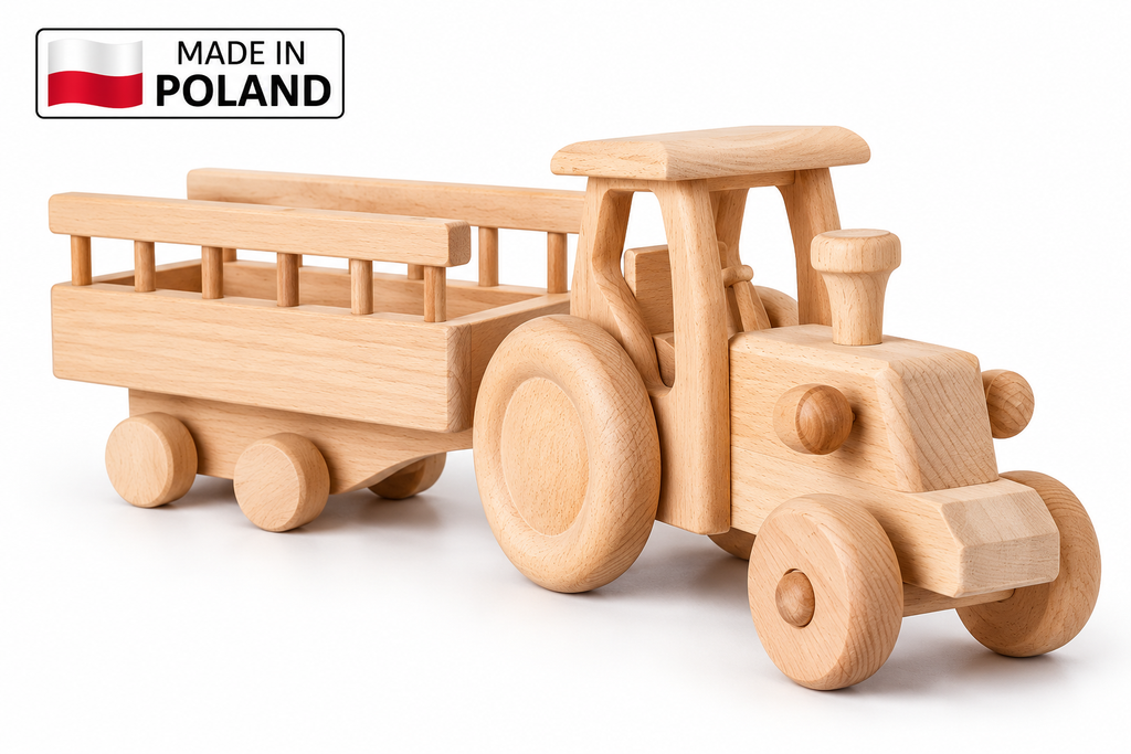 HOUTEN blanke speelgoed tractor met aanhanger XL 41 cm