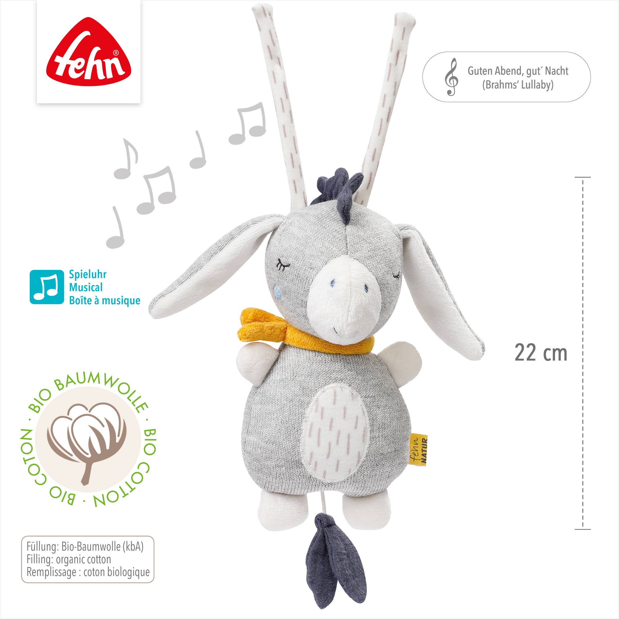 Mini-muziekdoos ezel FehnNatur - knuffel en slaapmiddel